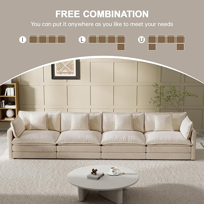 Modular Sectional Sofa, 146.5 Inch I-Shaped Cloud Sofa with Deep Seat Chenille Sofa with Cushions, Four Seater Sectional Sofa for Living Room Apartment,Light Coffee