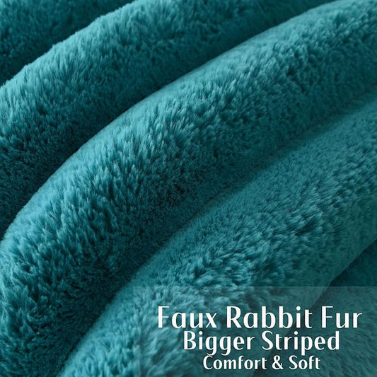 FUTEI Teal Decorative Throw Pillow Covers 18x18 Inch Set of 2, Square Soft Faux Rabbit Fur Thick Striped Cushion Cover,Winter Home Decor for Couch Bed Living Room