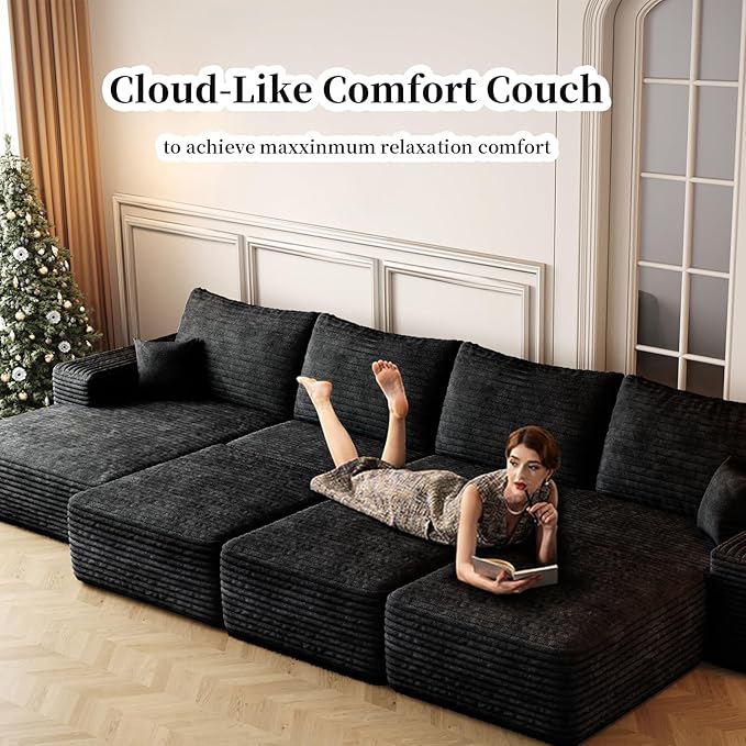 107.5" Compressed Boneless Couch with Ottoman, 2 Seater Large U Shaped Sectional Couches for Living Room, Black Corduroy Cloud Modular Sectional Sofa, Memory Foam, No Assembly,Light Facing Chaise