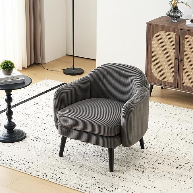 VINGLI 30.3" Wide Modern Barrel Accent Armchairs Set of 2 with Track Armrest, Solid Wooden Legs, Comfy Upholstered Club Chairs, Single Home Sofa for Living Room, Bedroom, Reading Room, Corduroy Grey