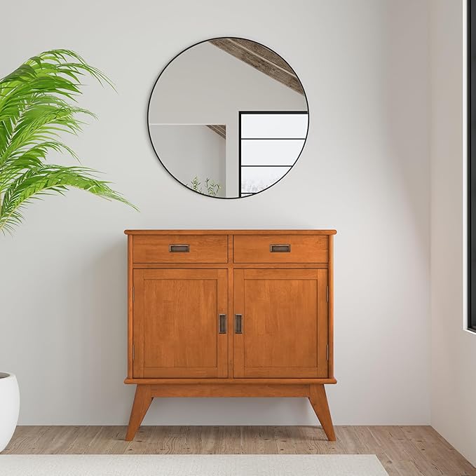 SIMPLIHOME Draper Solid Hardwood 36 inch Wide Mid Century Modern Entryway Storage Cabinet in Teak Brown for The Living Room, Entryway and Family Room