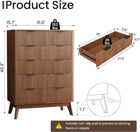 Fluted 5 Drawer Dresser, Tall Dresser with Deep Drawers, Wood Chest of Drawers for Bedroom, Modern Tall Chest Storage Organizer, Natural Finish for Hallway, Entryway, Living Room (Walnut)