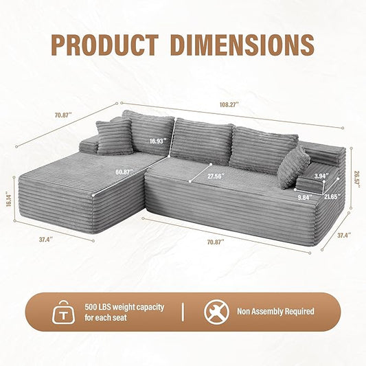 Hobestluk Modular Sectional Couch Sofa, 108" Boneless Couches for Living Room, Memory Foam Sectional Couch with Oversized Chaise,L-Shape Couches (Grey, Left Facing)