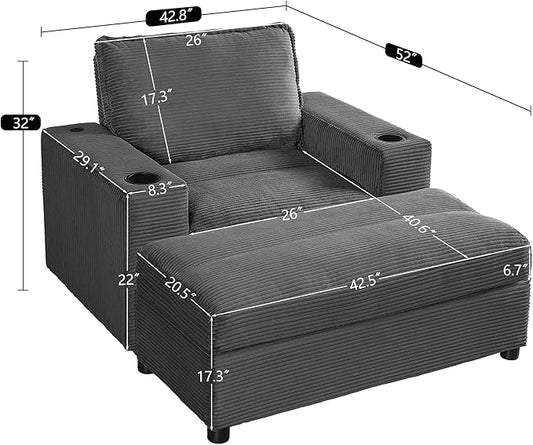 Christopher Knight Home Zoe Oversized Chaise Lounge Chair Indoor with Cup Holders & USB Charging Port, Corduroy Upholstered Sofa Bed + Ottoman with Storage, Comfy Deep Seat Sleeper Sofa Chair, Grey