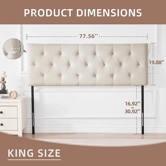 Linen Upholstered Headboard King Size, Modern Diamond Tufting Solid Wood California King Headboard Only, Adjustable Height from 37β to 51β Head Board, Bed Frame or Wall Mount Headboards, Beige