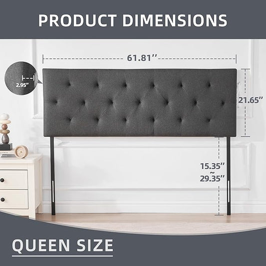 Linen Fabric Upholstered Headboard Queen Size, Modern Diamond Tufting Solid Wood Queen Headboard Only,Adjustable Height from 37β to 51β Head Board, Bed Frame or Wall Mount Headboards, Dark Grey
