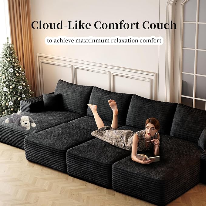 135.4" Large Cloud Modular Sectional Sofa with L-Shape Chaise, Deep Seat Upholstered Couches for Living Room,No Assembly Required, Corduroy Pet-Friendly Fabric (Black, Right Facing Chaise)