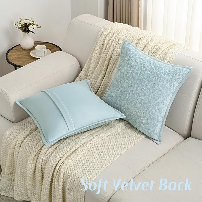 FUTEI Light Blue Chenille Throw Pillow Covers 16x16 Inch Set of 2,Soft Cozy Bound Edge Design Cushion Case,Home Decor for Couch Bed Living Room