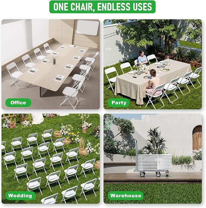 White Folding Chairs 10 Pack,Folding Chairs for Outdoor,Heavy Duty 350lb Capacity Portable Event Plastic Chairs with Steel Frame,Wedding Party Office Dining
