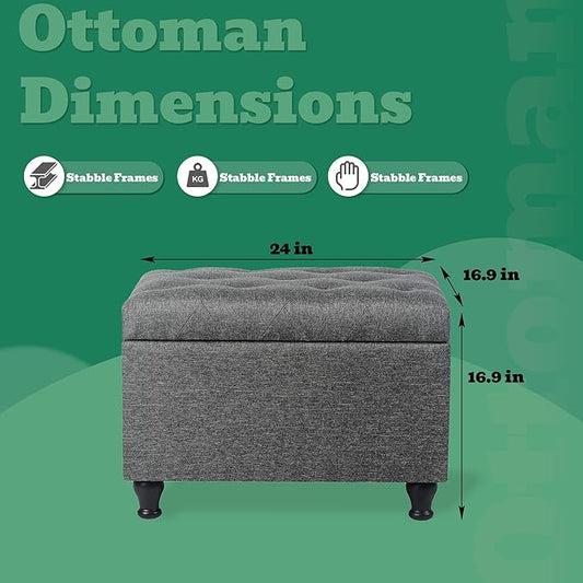 Ottoman with Storage 24'' Storage Ottomans Linen Fabric Ottoman Footstools Small Upholstered Foot Rest Stool for Couch, Living Room, Bedroom, Entrance Shoe Bench Dark Grey