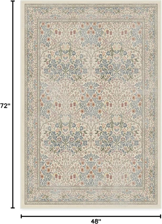 RUGGABLE x Morris & Co Washable Area Rug – Blackthorn Ivory Blue 4x6, Stain-Resistant, Non-Slip – Medium Machine Washable Rugs for Living Room, Bedroom, Hallway, Entryway & Office–with Standard Pad