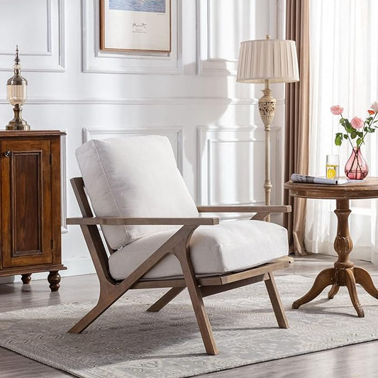 Wahson Set of 2 Mid Century Chair, Upholstered Accent Armchairs, with Wood Frame and Linen Cushions, Leisure Slipper Chair for Living Room/Bedroom, Cream