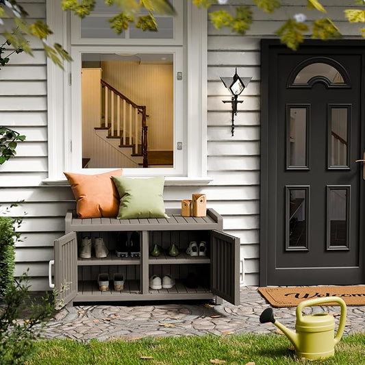 Storage Bench - 2 Doors Waterproof Resin Shoe Bench with Adjustable Shelves - Indoor & Outdoor Use, Entryway Bench with Seating for Bedroom, Living Room, Hallway - Grey