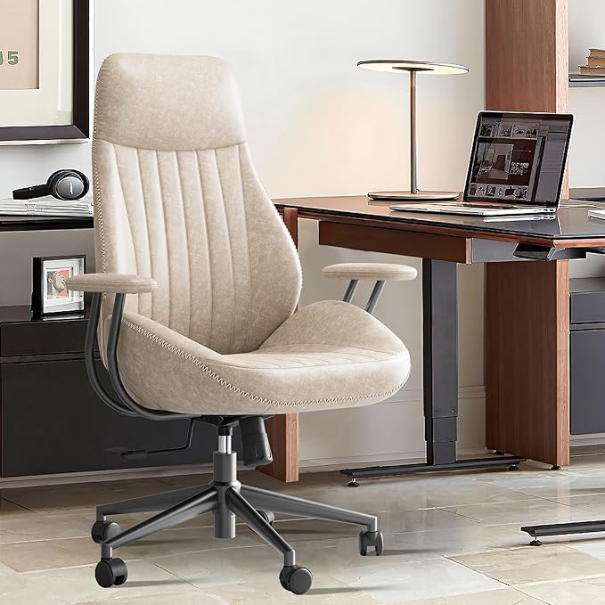 ovios Home Office Ergonomic Chair, Mid-Century Modern Luxury Faux Suede Leather Chairs, Comfy High Back Computer Swivel Rolling Task Armchair for Executive, Beige