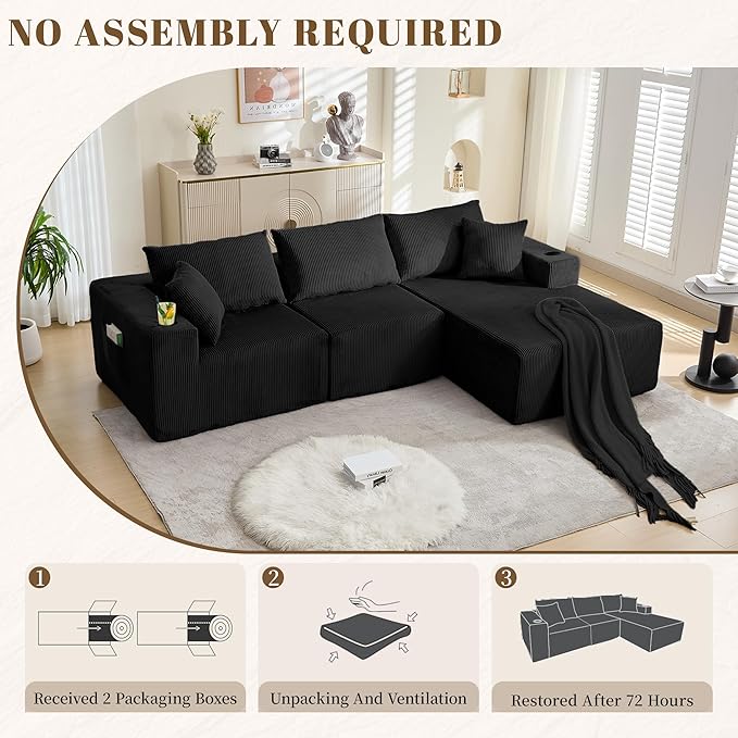 107" Cloud Sectional Couch, Modular Sectional Sofa with L-Shape Chaise, Corduroy Boneless Couch with Deep Seat, Upholstered Sofa for Living Room, No Assembly Required(Right-Facing Chaise, Black)