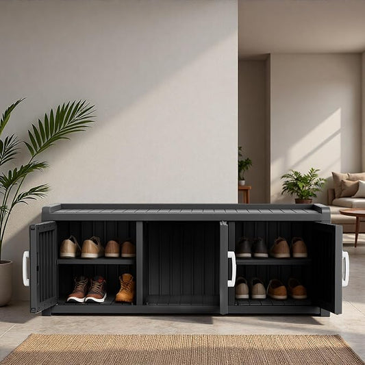 3 Doors Shoe Bench, Waterproof & UV-Resistant, Resin Shoe Cabinet Indoor & Outdoor Use, Entryway Bench with Adjustable Shelves & Hidden Storage Space for Bedroom, Hallway, Black