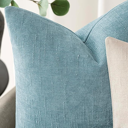 Foindtower Pack of 2 Textured Chenille Throw Decorative Pillow Covers Square Accent Solid Cushion Cover Neutral Farmhouse Pillow Case for Couch Sofa Bedroom Living Room 22x22 Inch,Light Blue