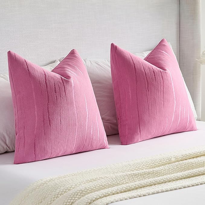FUTEI Hot Pink Chenille Decorative Throw Pillow Covers 18x18 Inch Set of 2,Soft Embossed Striped Textured Cushion Case,Modern Home Decor for Couch Bed Living Room