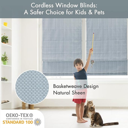 Madison Park Galen Cordless Roman Shade, 35"W x 64"H, Sheen Blue – Room Darkening, Thermal Insulated, Energy Efficient Window Blind with Subtle Sheen Basketweave Fabric for Privacy
