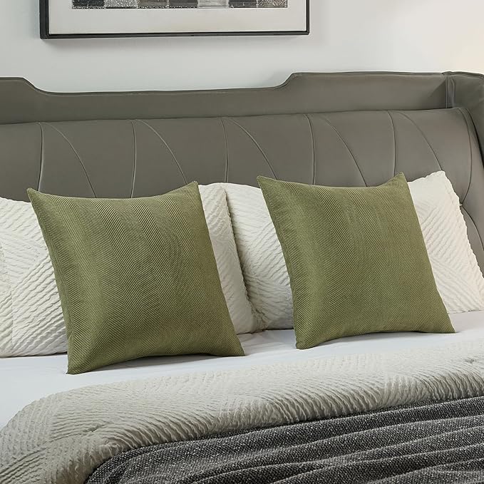 FUTEI Moss Green Chenille Throw Pillow Covers 16x16 Inch Set of 2,Soft Wide Chevron Textured Cushion Case,Farmhouse Home Decor for Couch Bed Living Room