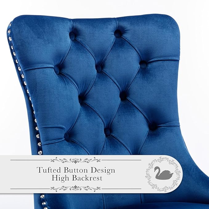 Velvet Upholstered Dining Chairs Set of 8, Modern Style Kitchen Side Chairs with Nailhead Trim and Silver Plated Leg, Metal Pulling Ring for Dining Room Living Room(Blue)