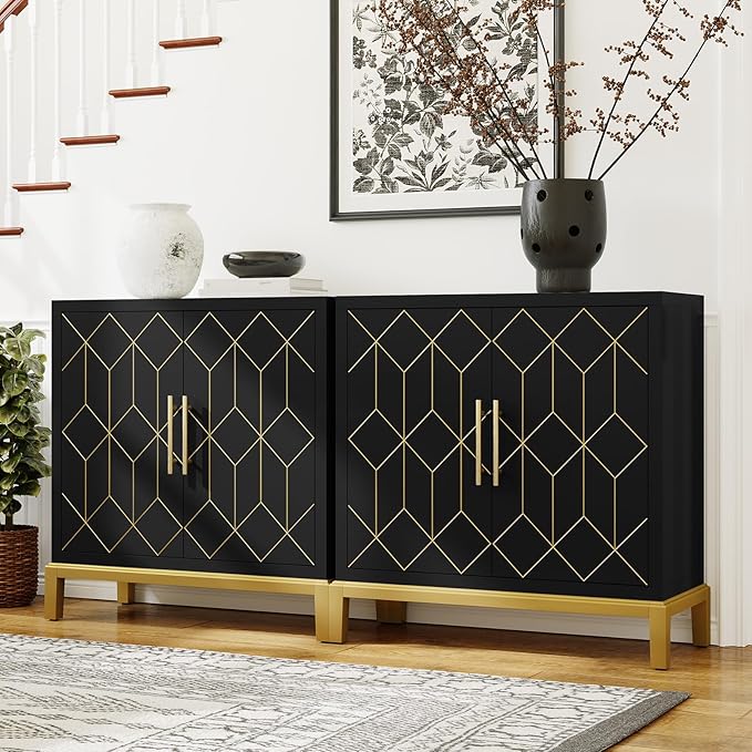 HLR Accent Cabinet with Gold Trim Set of 2,Storage Cabinet with 2 Doors,Modern Wooden Sideboard for Living Room, Kitchen, Office and Hallway(Black)