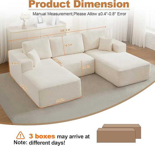 Modular Sectional Cloud Couch for Living Room,Modern Boneless Couche Set with Plush Corduroy,Comfy Floor Sofa with Memory Foam,Stupendous U Shaped Sofa,No Assembly Required,Beige