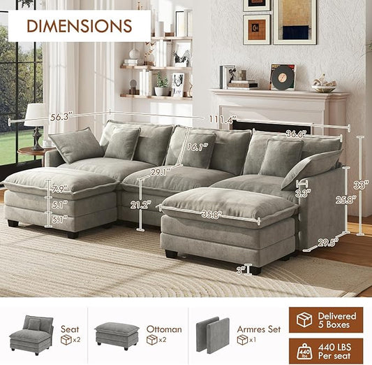 WorthFurni 111.4” Modular Sectional Sofa, U Shape Cloud Couch with 2 Movable Ottoman, Comfy Chenille Deep Seat Sofa with Soft Pillows for Apartment Living Room Bedroom(Grey)
