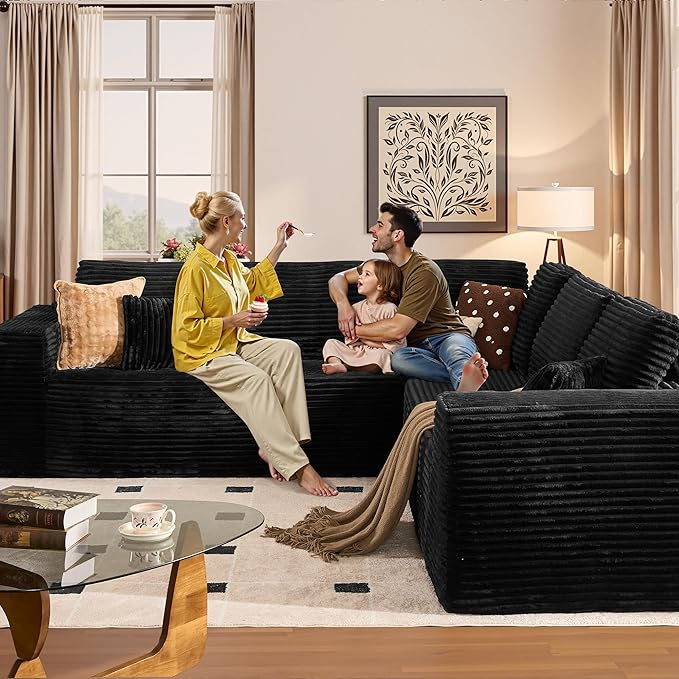 Weaxty Boneless Sectional Couch, Oversized L Shaped Modular Cloud Couches, Plush Corduroy Memory Foam Deep Seat Floor Sofa, No Assembly Required,Black