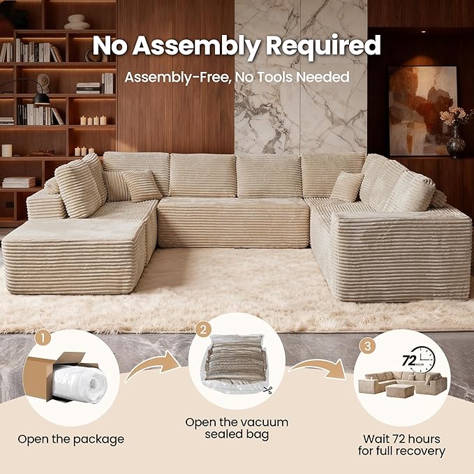 Cloud Sectional Couch with Loveseat, Boneless U-Shaped Cloud Couch with Deep Seat, Soft Plush Modern Minimalist Sofa, Assembly Free Modular Floor Sofa for Office Living Room Apartment, Beige