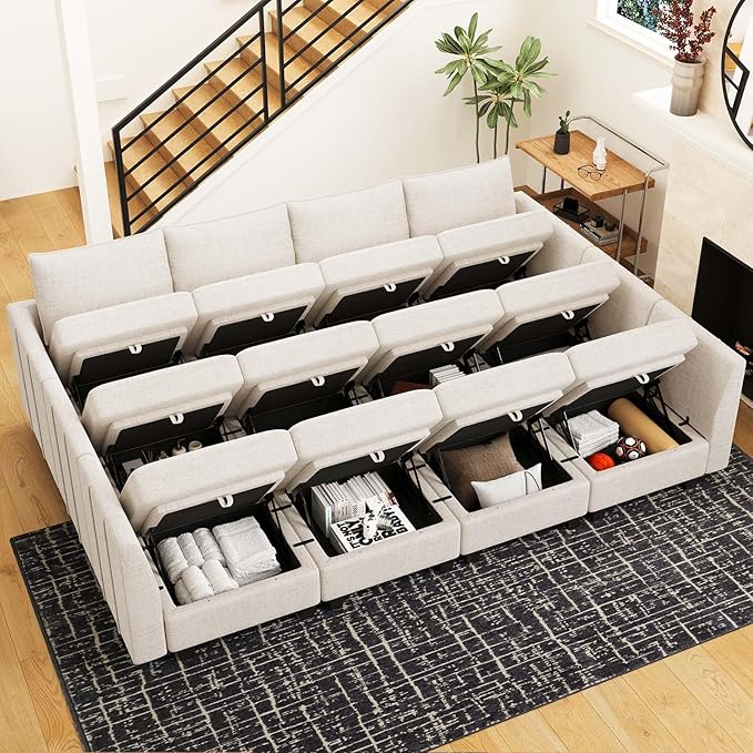 Belffin Oversized Modular Sectional Sofa Sleeper Sectional Couch with Storage Chenille Sofa Bed for Living Room, 12 Seats, Beige