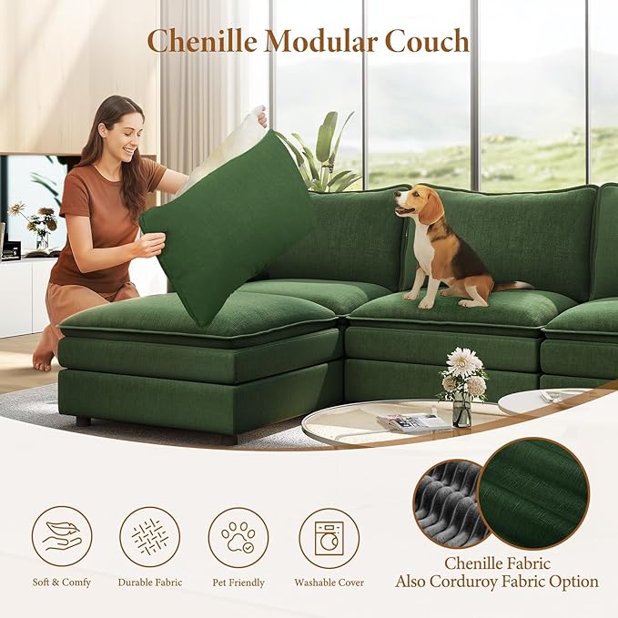 Vesgantti 108" Sectional Sleeper Sofa, 6-Seater Oversized Modular Cloud Couch with Movable Ottoman, Chenille Large Sofa Bed Convertible Deep Seat Couches for Living Room, Bedroom and Apartment, Green