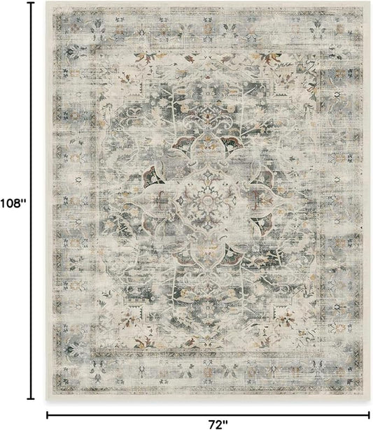 RUGGABLE Washable Vintage Area Rug – Sarrah Sage 6x9, Stain-Resistant, Non-Slip – Medium Machine Washable Rugs for Living Room, Bedroom, Hallway, Entryway & Office–with Standard Pad