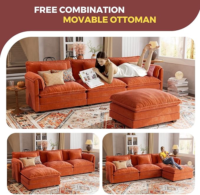 ELUCHANG Oversized 113" Modular Sectional Sofa, Comfy Cloud Couch, L Shaped Deep Seat Sofa Couches for Living Room, 4-Seater Modern Sofa with Movable Ottoman, DIY Combination - Chenille Terracotta