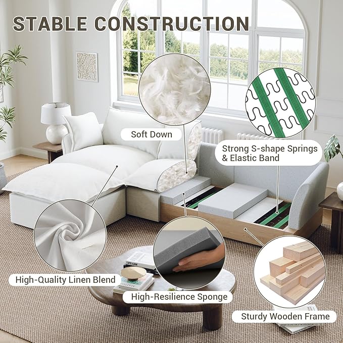 111” Oversized Modular Sectional Sofa, Comfy Down Fill Cloud Couch, L Shaped 4 Seater Couches with Washable Cover, Convertible Sectional Couches for Living Room, Cream White