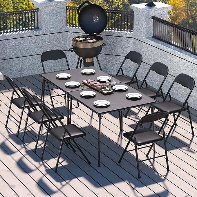 VECELO Folding Chairs 8 Pack Metal Portable with Soft PU Padded Seats for Home/Office/Party, Black