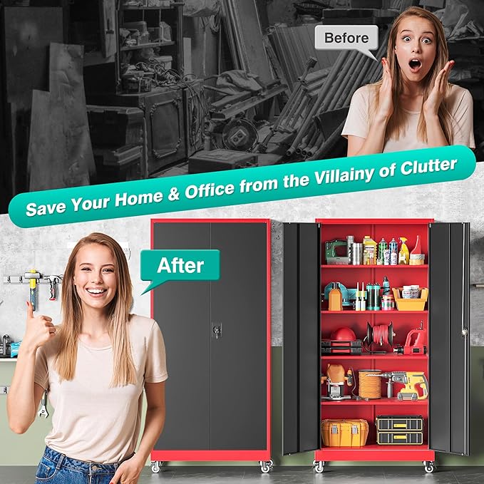 SISESOL 75" Tall Metal Storage Cabinet with Wheels,Rolling Garage Storage Cabinet with Lock,Red Metal Cabinets on Wheels,Locking Tool Cabinets on Wheel for Garage,Home,Office,Shop