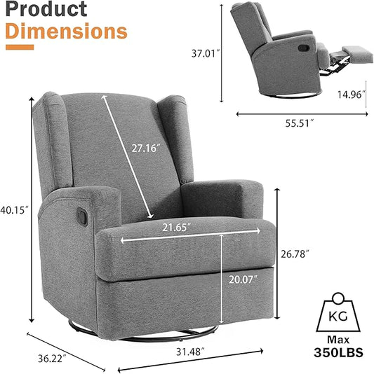 Swivel Glider Recliner Chairs Set of 2 for Adults - High Back Rocker Recliners with Deep Seat, Comfortable & Quiet Upholstered Fabric Armchairs for Living Room or Nursery, Manual Reclining-Light Gray