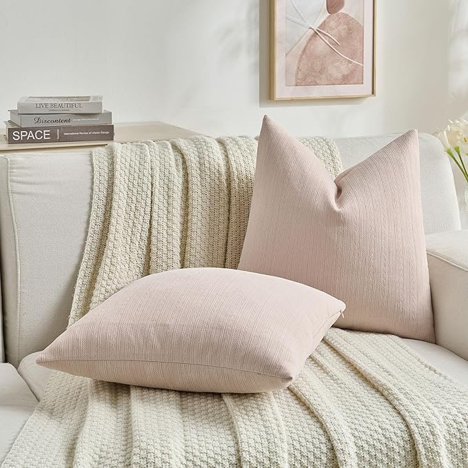 FUTEI Pink Decorative Throw Pillow Covers 16x16 Inch Set of 2,Soft Cozy Wheat Ear Striped Patterns Cushion Cases,Modern Home Decor for Couch Bed Living Room