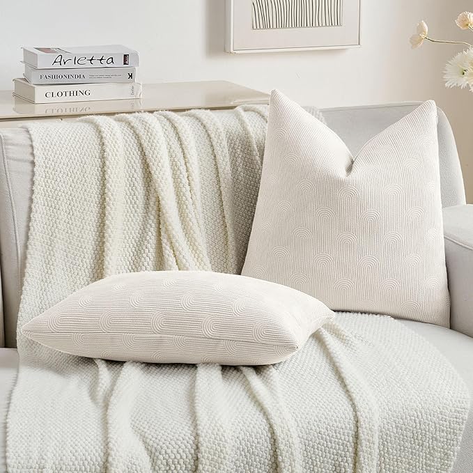 FUTEI Cream Chenille Decorative Throw Pillow Covers 20x20 Inch Set of 2,Soft Cozy Striped Geometric Patterns Cushion Cases,Modern Home Decor for Couch Bed Living Room