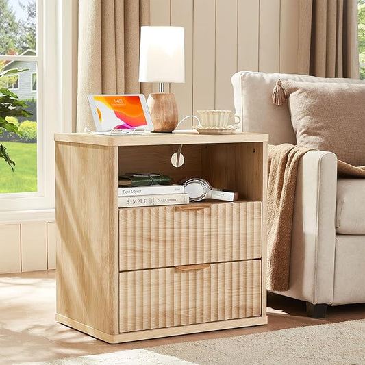 LEYAOYAO Fluted Nightstand Set of 2 with Charging Station,23" Modern Nightstand with Woodgrain Top, 2 Drawer End Table w/Storage, BedsideTables for Bedroom, Living Room, Curved Profile,Wood