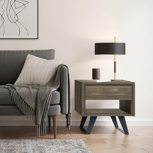 SIMPLIHOME Lowry SOLID ACACIA WOOD and Metal 22 Inch Wide Square Modern Industrial End Side Table in Distressed Grey, For the Living Room and Bedroom