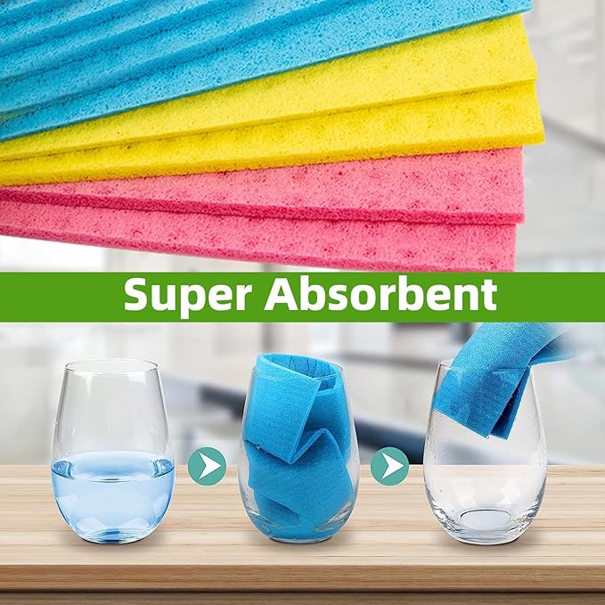 6 Pack Swedish Dishcloths – Super Absorbent, Reusable & Eco-Friendly Kitchen Towels (Fruit/Lavender/Camping/Solid Colors) (Green)