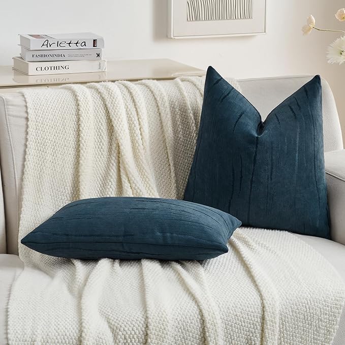 FUTEI Navy Blue Chenille Decorative Throw Pillow Covers 18x18 Inch Set of 2,Soft Embossed Striped Textured Cushion Case,Modern Home Decor for Couch Bed Living Room