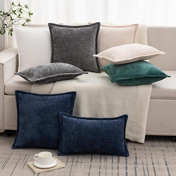 Navy Blue Decorative Throw Pillow Covers 16x16 Inch Set of 2 Cozy Soild Chenille Cushion Cases Soft Textured Square Couch Pillows Cover Boho Accent Farmhouse Pillowcases for Sofa Bed