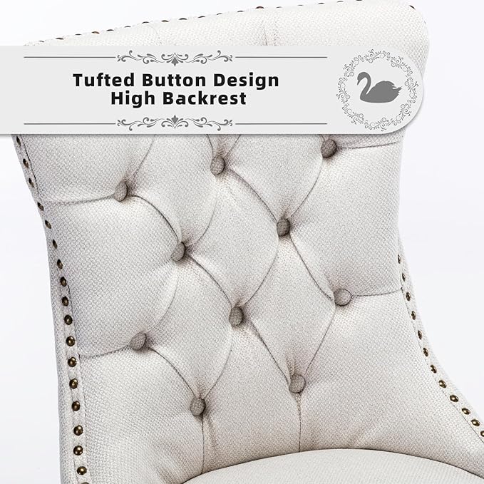 Linen Upholstered Dining Chairs Set of 2, Modern Style Kitchen Side Chairs with Nailhead Trim and Wood Leg, Metal Pulling Ring for Dining Room Living Room(Beige,Set of 2)