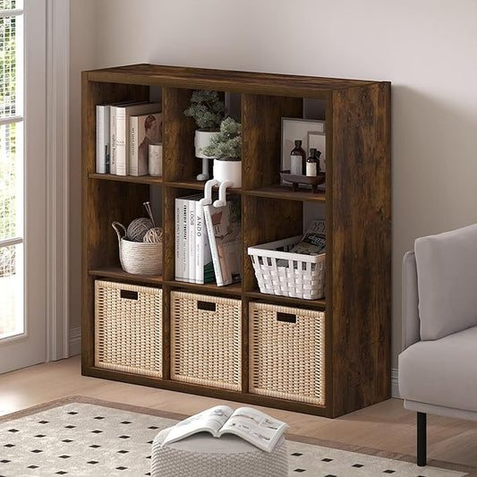 Furinno Cubicle Book Shelf, 9-Cube Thick Frame Bookshelf, Reversible Bookcase with Open Back, 14.6 x 43.8 x 43.8, for Living Room, Bedroom, Home Office, Amber Pine
