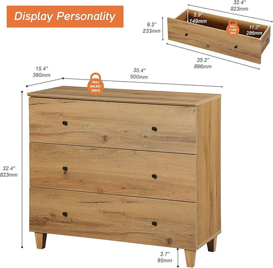 WAMPAT 3-Drawer Kids Dresser for Bedroom, Modern Small Chest of Drawers with Black Knobs, 35 Inch Wide Oak Brown Wood Children Dresser for Baby Room, Nursery, Living Room