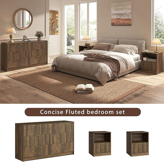 3-Piece Modern Bedroom Furniture Set, Wide 7-Drawer Dresser & 1-Drawer Nightstands Set of 2, Natural Wood Dresser and Nightstand Sets for Bedroom, Hallway, Walnut