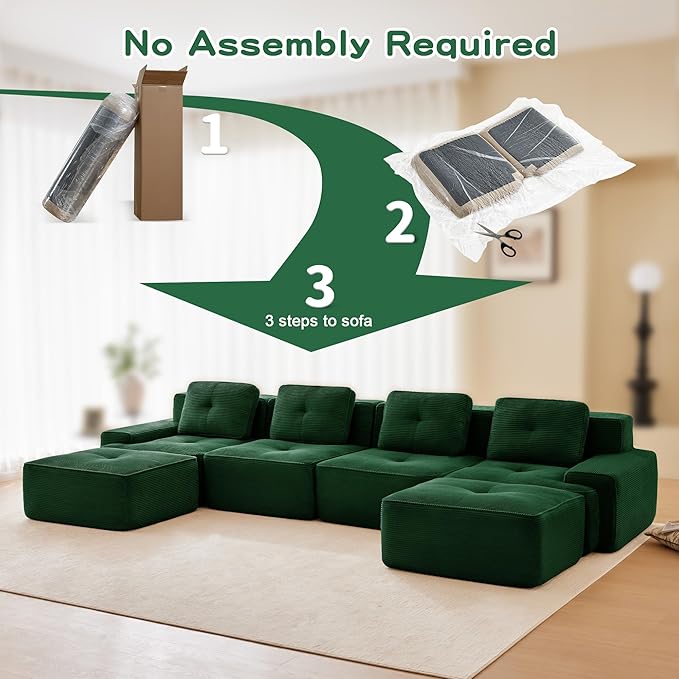 150.4” Green Boneless Couches for Living Room, Modular Sectional Sofa with U-Shape Chaise, 4 Seater Comfy Upholstered Deep Seat Corduroy Fabric Cloud Couch No Assembly, Anti-Slip Design